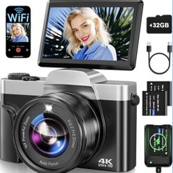 4K Digital Camera for Photography with WiFi 64MP Auto-Focus Vlogging Camera for YouTube Video 3'' 180° Flip Screen 4K Cameras 16X Zoom Anti-Shake Comp