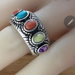MULTI COLOR ANTIQUE SILVER NEW SIZE 8 ETERNITY BAND RING