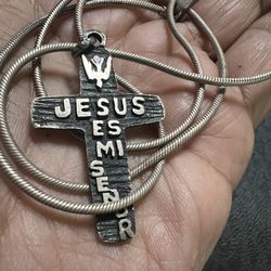 Antique Sterling Silver Cross And Chain Pendant 