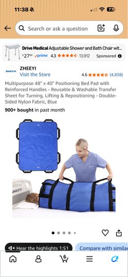 ZHEEYI   Multipurpose 48" × 40" Positioning Bed Pad with Reinforced Handles - Reusable & Washable Transfer Sheet for Turning, Lifting & Repositioning 