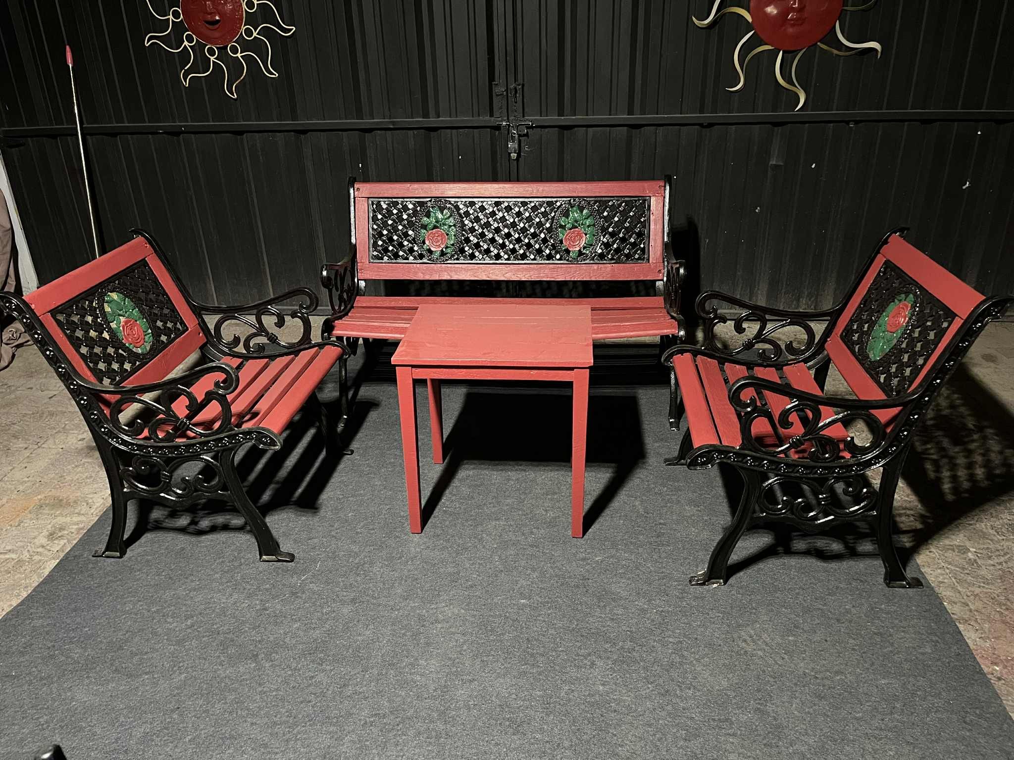 Heavy-Duty Wood/Metal Outdoor Patio Garden Bench w/ 2 Heavy Wood/Metal Chairs & Middle Wood Table