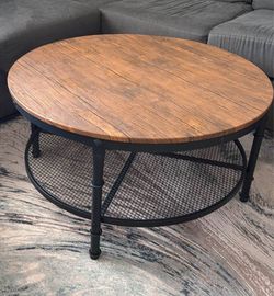 Round Industrial Wood and Metal Coffee Table