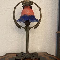 Antique Bronze Lamp With Art Glass Shade. Beautiful For Desk, Hall Console Table, Anywhere?