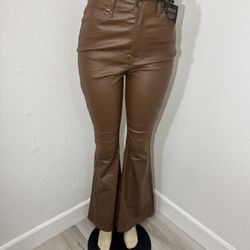 Women’s Brown Faux Leather High Waist Flare Pants Bootcut Stretch Trousers 