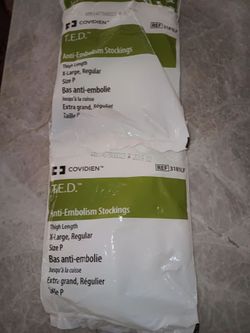 2 SEALD PKG "COVIDIEN"T.E.D. ANTI EMBOLISM STOCKINGS THIGH LENGTH X-LARGE REGULAR SIZE P .$5 EACH TOTAL$10.BAS ANTI EMBOLIE.