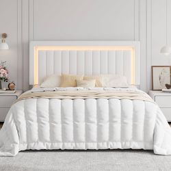 King Size Velvet Bed Frame with LED Light, Adjustable Vertical Channel Tufted Headboard, Strong Wooden Slats Support, Noise-Free, No Box Spring Needed