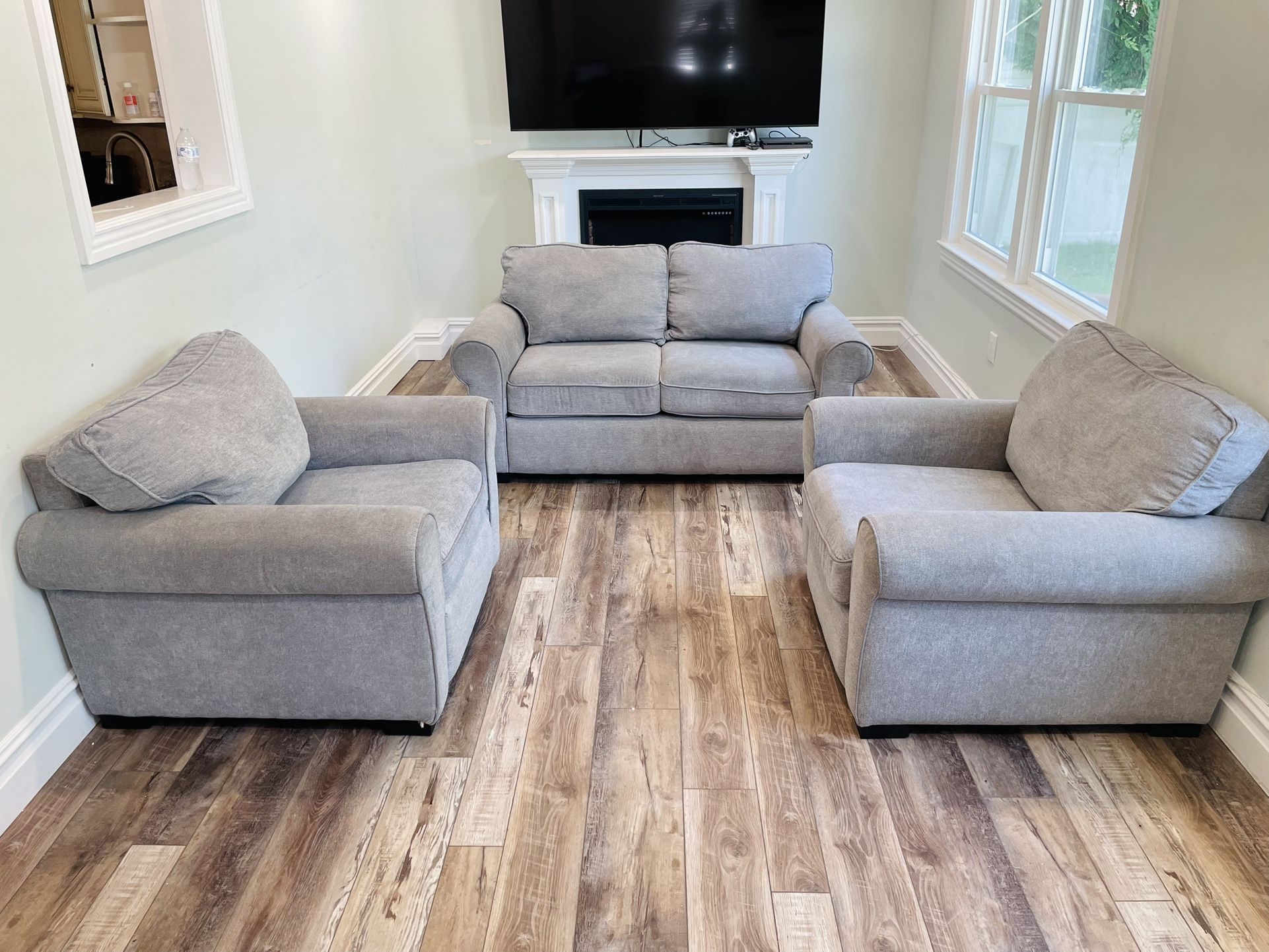 3pc Macy’s Ladlow Roll Arm Fabric Sofa Collection Living Room Grey Love Seat Couch and Matching Chairs Set Lot