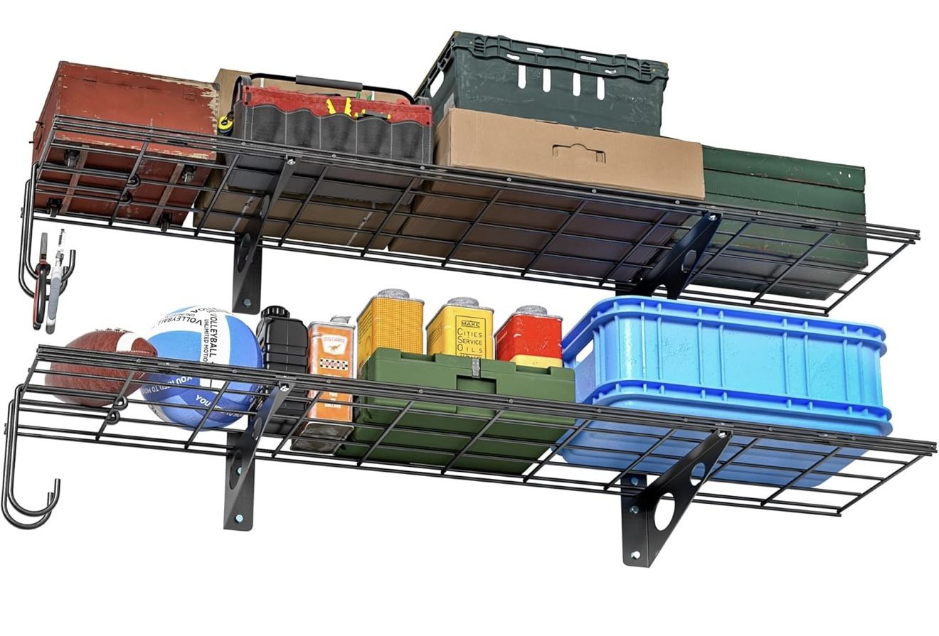 EVERHANGER Garage Wall Shelves, 12 X 48 Inch Wall Mounted Storage Shelves, Heavy Duty Metal Shelving with Hooks, 2 Pack, Black