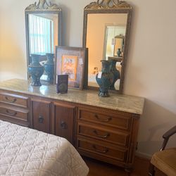 Vintage Solid Wood Dresser with Marble Top & Matching Mirrors 