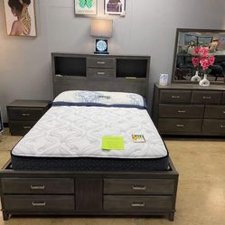 Caitbrook Gray Bookcase Storage Platform Bedroom Set Bed, Dresser, Mirror, Nightstand, Chest 