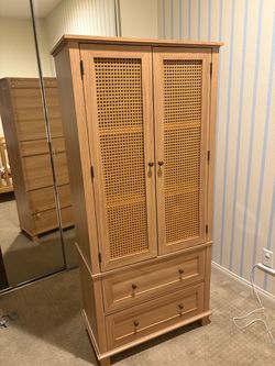 Wood Bookshelf Cabinet with Rattan Doors