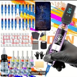 Rechargeable Tattoo Pen Kit Complete Set With 20 Tattoo Needles 1500mAh Battery, Cordless 