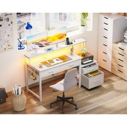 Computer Desk with 4 Drawers, 48 Inch Reversible Desk with Led Lights & Power Outlet, Office Desk with File Drawer & Monitor Stand, Work Table for Hom