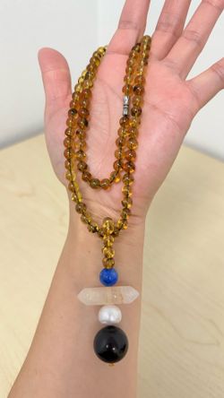 Handcrafted Natural Amber Necklace with Lapis Lazuli, Crystal & Freshwater Pearl Pendant