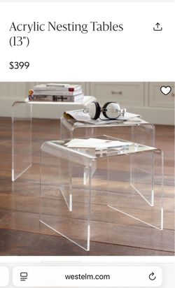 CB2 Peekaboo acrylic coffee table, nesting side tables and 3 stools