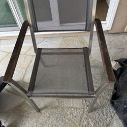 BarlowTyrie FOG GREY  Equinox Metal Sling Dining Chairs  LOT FOUR CHAIRS + TEAK SIDE DINING TABLE BENCH