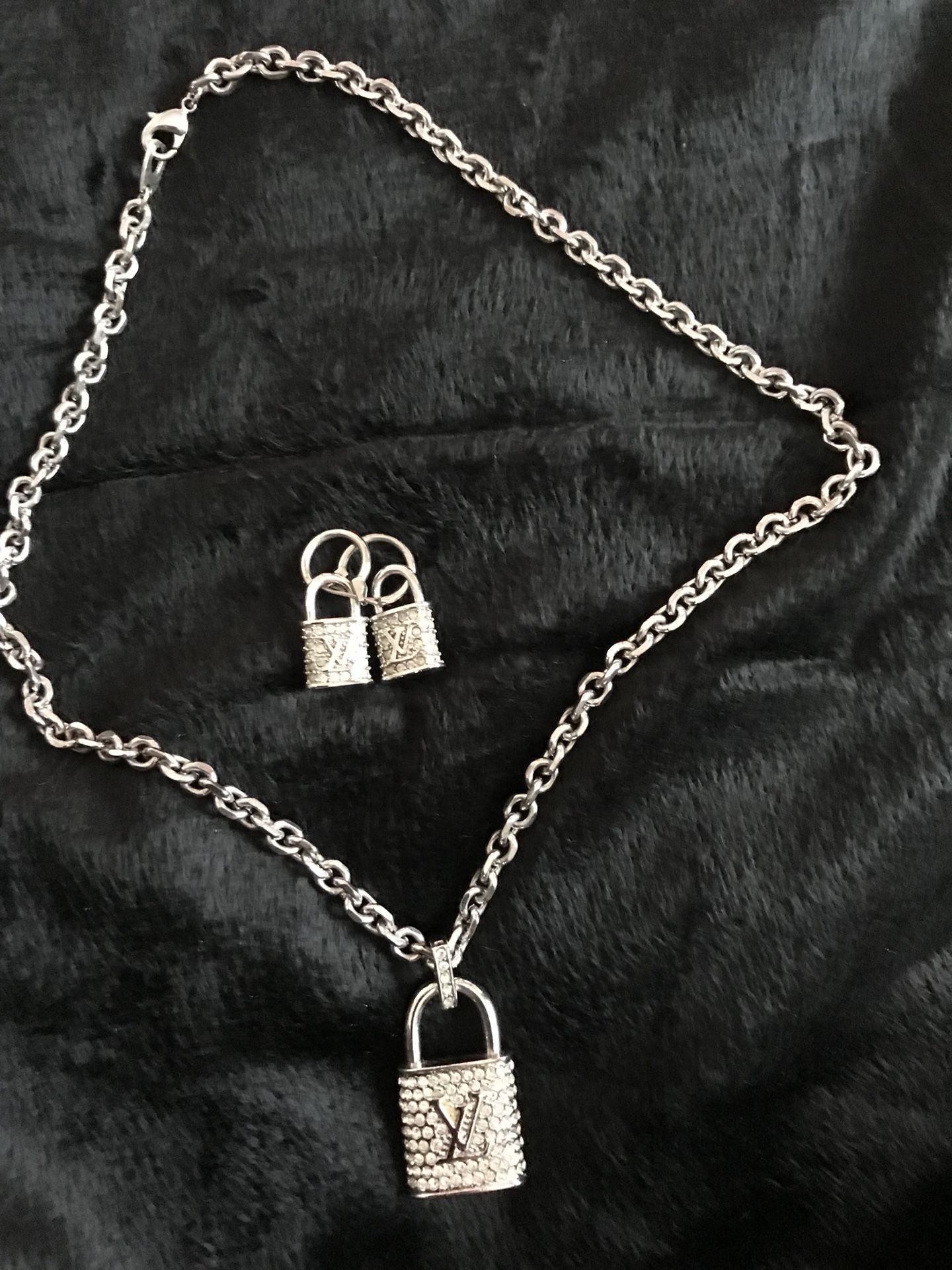 Lock charm necklace and earrings