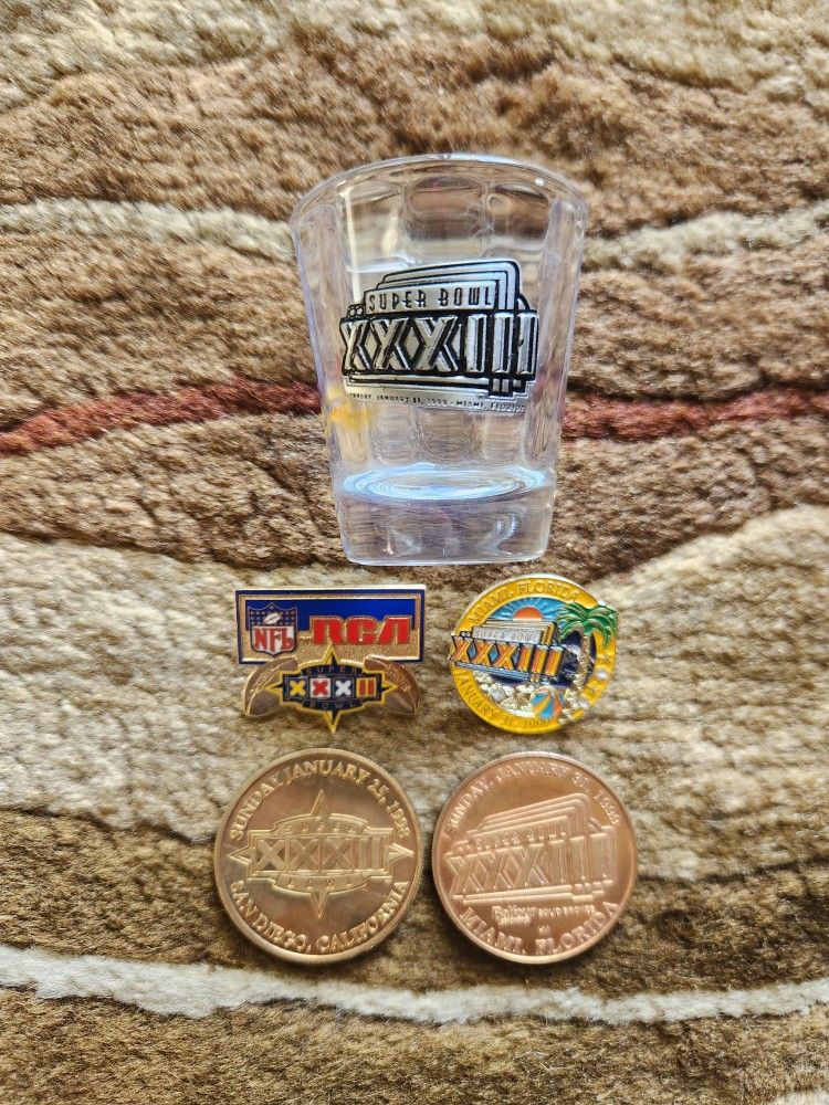 SUPER BOWL 32 & 33 Pins & Coins Joined By A Super Bowl 33 Shot Glass. 5 Items