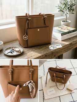 🔥 Michael Kors Jet Set Saffiano Leather Pocket Tote – Luggage Brown