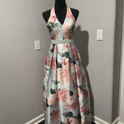 Light Blue Satin Dress With Pink Floral Design With Pearl Ribbon Belt