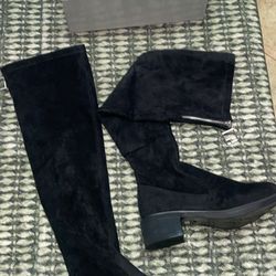 Over The Knee Black Suede Rhinestone Boots With Zipper Size 7