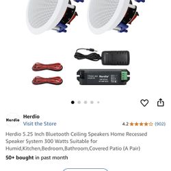 Herdio 5.25 Inch Bluetooth Ceiling Speakers Home Recessed Speaker System 300 Watts Suitable for Humid,Kitchen,Bedroom, Bathroom,Covered Patio (A Pair)