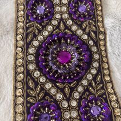 Trim-Hand Embroidered Purple Base W Gold Embroidery Sequins & Pink/Purple Gemstones