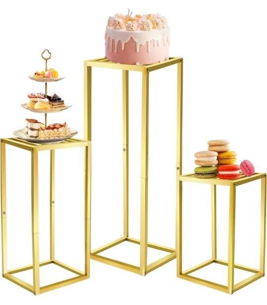 Cylinder Pedestal Stands for Party & Plant,3pcs Square Gold Metal Wedding Flower Display Stand for Centerpieces,15.7/23.6/31.5 inch Tall