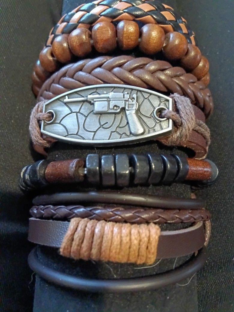 Set Of 6 Leather And Leatberette Braided Bracelets