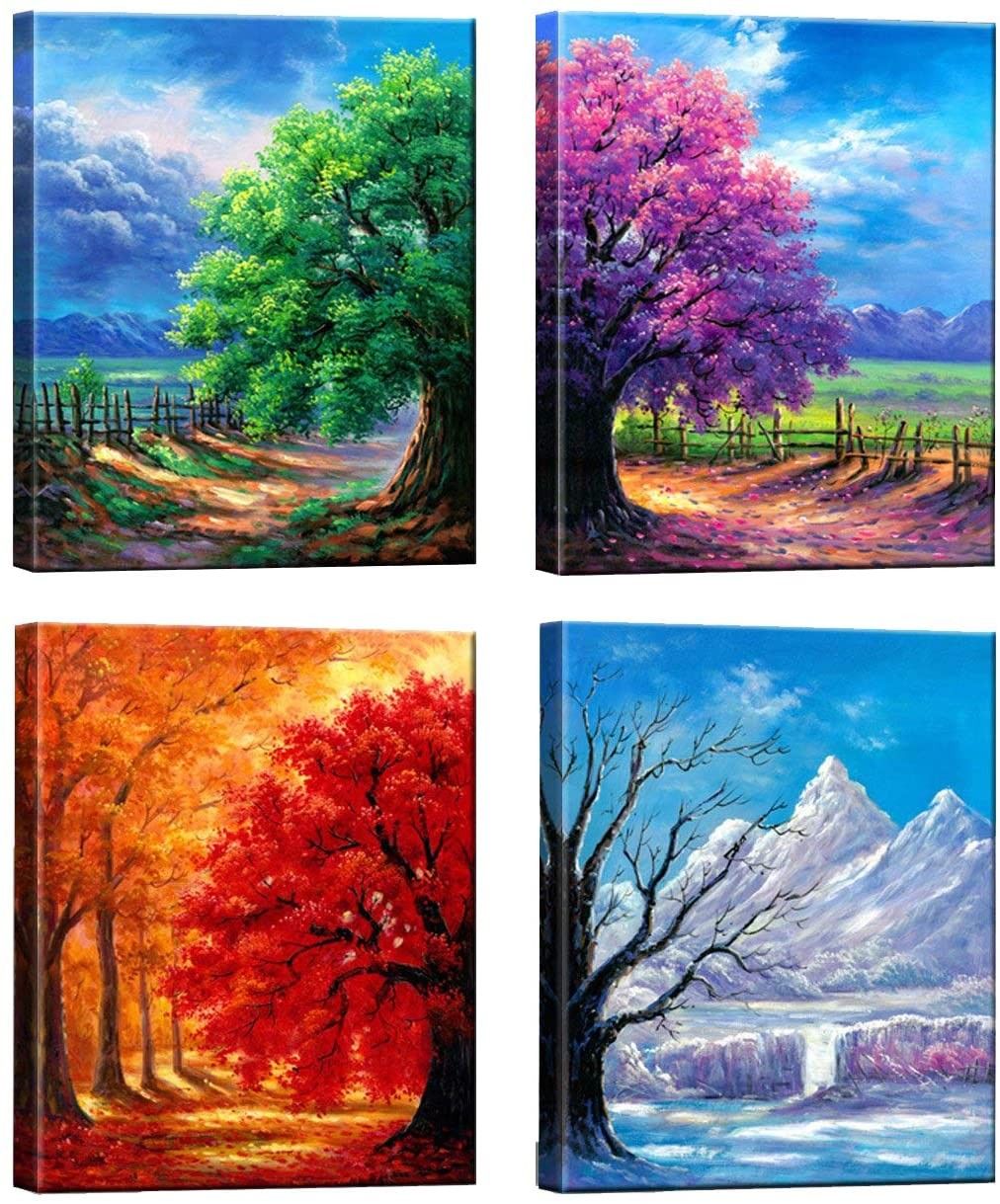 4 Seasons Modern Landscape 4 Panels Framed Canvas Print Wall Art Home Decor