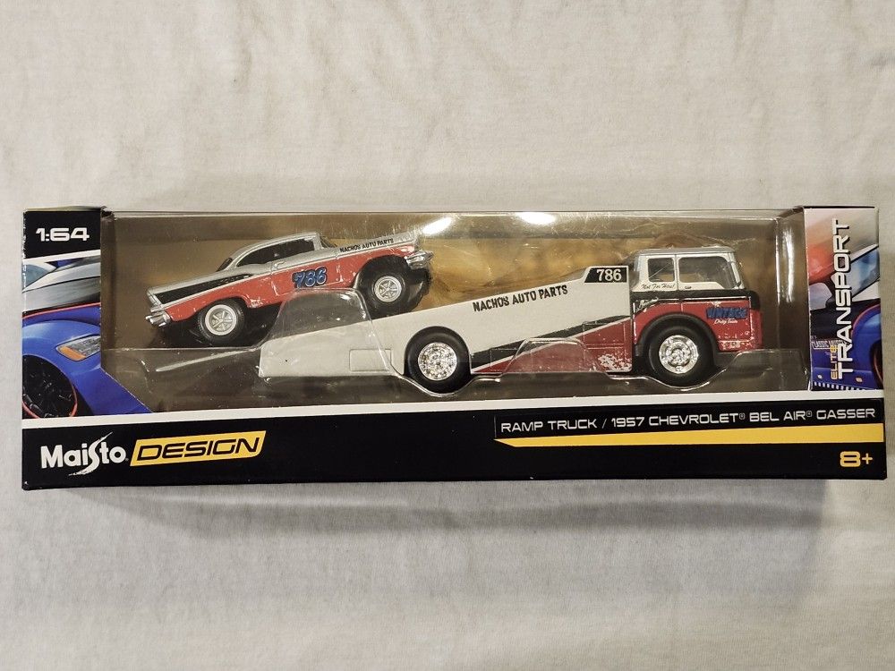 2020 MAISTO PREMIUM 1:64 SCALE. TRANSPORT. 1957 CHEVROLET BEL AIR GASSER WITH 1950'S RAMP TRUCK TOW TRUCK.