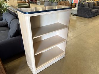 Vintage Coastal Style Bookcase with Carved Wood Details and Navy Blue Painted Top