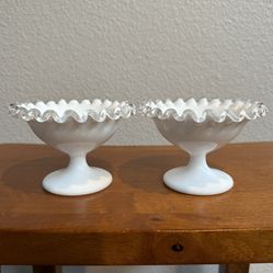 Set of 2 Vintage Fenton Silver Crest Sherbet Cups Dessert Dishes Milk Glass Antique Retro