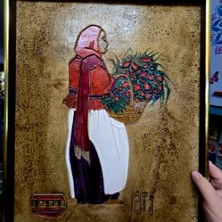Vintage Latin American Folk Art Relief Sculpture Featuring a Woman Carying Flowers 