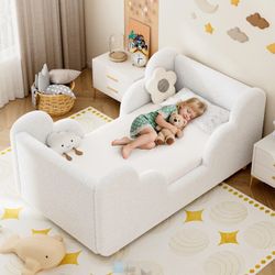 NAIZEA Toddler Bed, Child Bed Kids Teddy Fleece Fabric Standard Crib Toddler Bed(White)