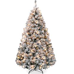 9ft Artificial Christmas Tree w/ Twinkling Lights, Full Flocked Pre-Lit Pine, 900 Lights
