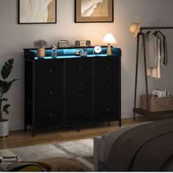 10 Drawers Dresser for Bedroom with Charging Station and LED Lights Organizer with 10 Fabric Drawers, Steel Frame