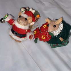 2 Vintage Christmas Fabric Plush Mouse Girl Ornament Santa 
