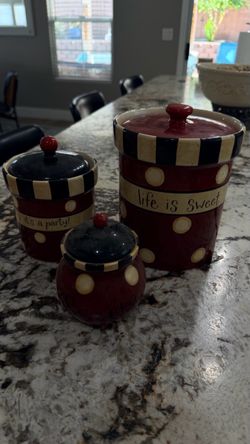 Whimsical Red & Black canister set (Certified International) - Sugar, Tea, Sweet