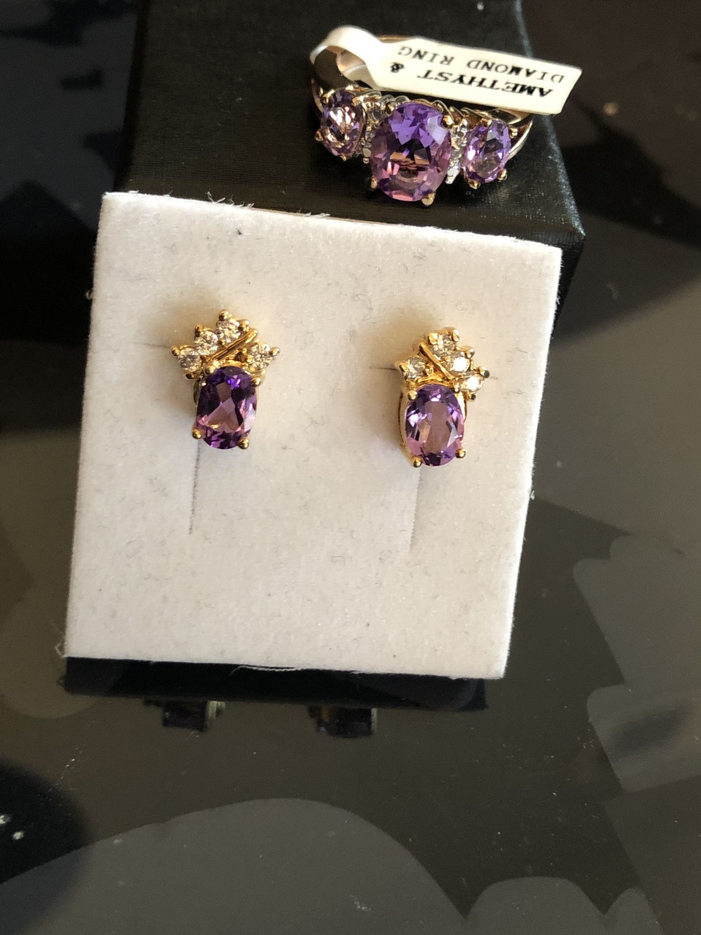 Diamond amethyst ring and earrings set gold plated