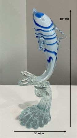 Vintage Thick White & Light Blue Art Glass Dolphin on Clear Glass Wave