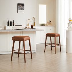 Set of 2 Counter Height Backless Brown Faux Leather Bar Stool 