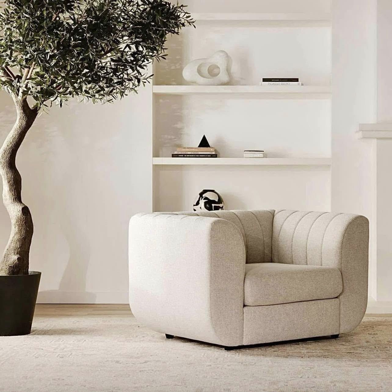 Free Delivery NEW IN-BOX Oversized Curved Accent Chair, Neutral Oatmeal Fabric (MSRP $1,299+tax)