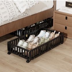 Bamboo Under Bed Storage with Wheels,Rolling Underbed Shoe Organizer Box for Shoes,Blankets,Toys,Clothes Container Space-Saving Bins for Bedroom,Close