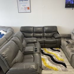 Summer clearance sale. Madrid, gray leather reclining sofa and loveseat set now $1199. Easy finance option. Same day delivery.