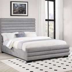 New Regular King Bed Frame with High Headboard in Soft Grey Fabric! 