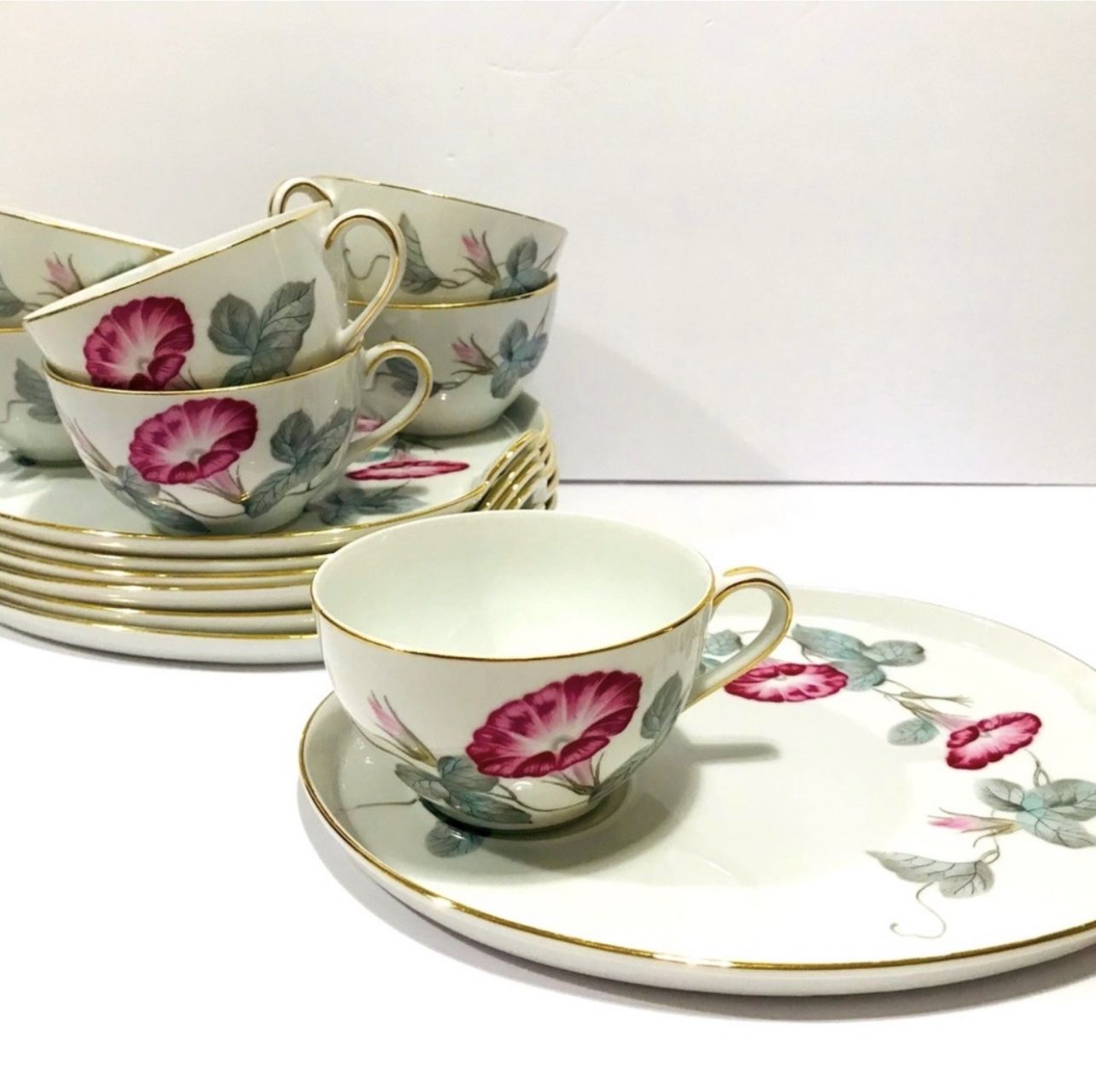 Vintage Morning Glory by Noritake Set of 7 Tea Cups & Snack Trays Set