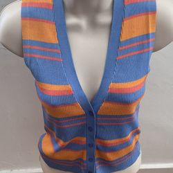 Zara Women’s Striped Blue, Orange & Red Button Up V-neck Vest Sweater, size S