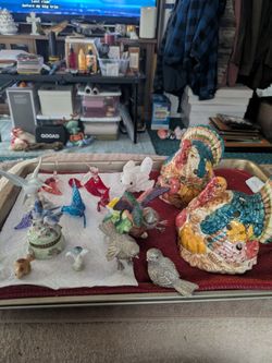 Birds,  ceramic ,  glass, all beautiful. And a couple big turkeys.