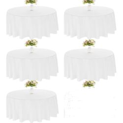 Pack of 5 White Round Polyester Tablecloths, 90-Inch, Washable, Bulk Set for Weddings, Dining Tables, Buffets, Parties, Banquets, and Decor (White)